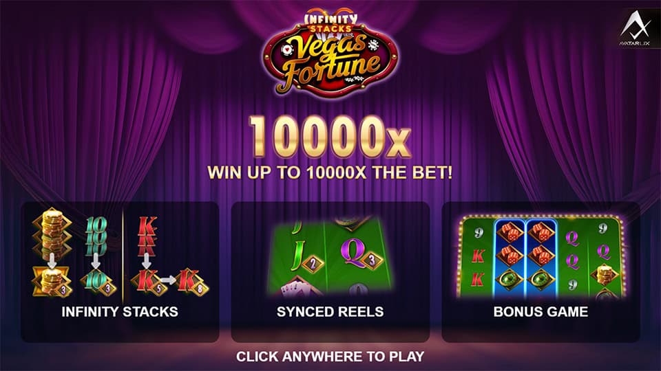 Vegas Fortune slot intro screen highlighting Infinity Stacks, Synced Reels and Bonus Game