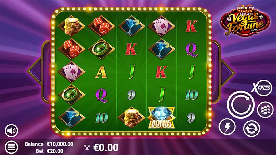Vegas Fortune slot game showing reels in bonus mode with x10 multiplier and stacked symbols