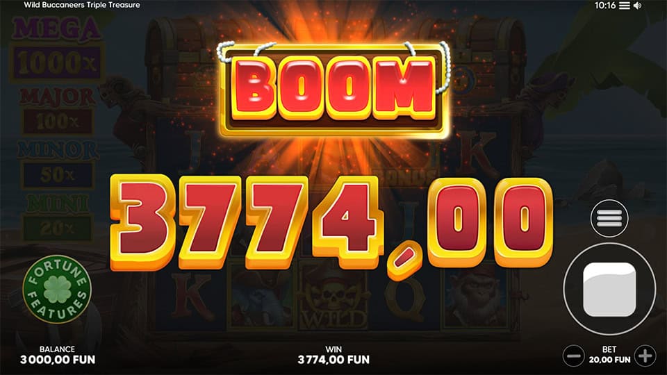Big win screen displaying a "BOOM" win of 3,774 with glowing effects.