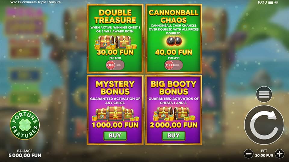 Fortune Features menu displaying four purchase options for bonus rounds and multipliers.