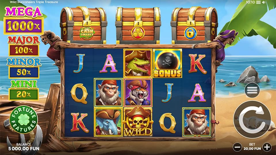 Game interface showing pirate-themed symbols, treasure chests and jackpot multipliers.
