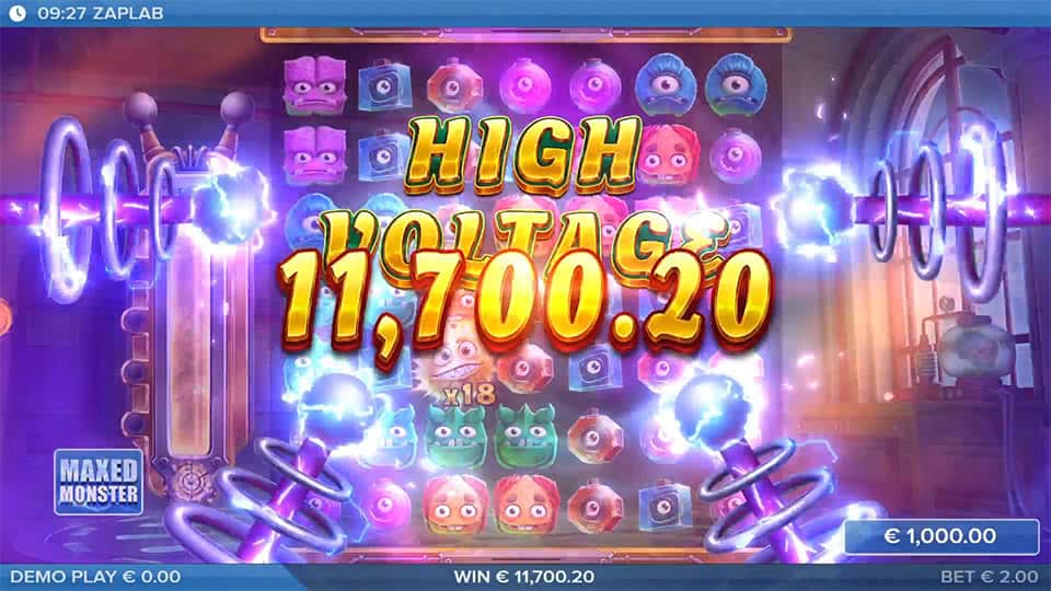 ZapLab slot big win screen with yellow monster and €11,700.20 payout