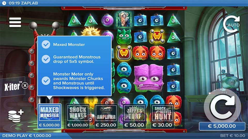 ZapLab bonus buy menu with 5 X-iter options including Maxed Monster and Shockwaves