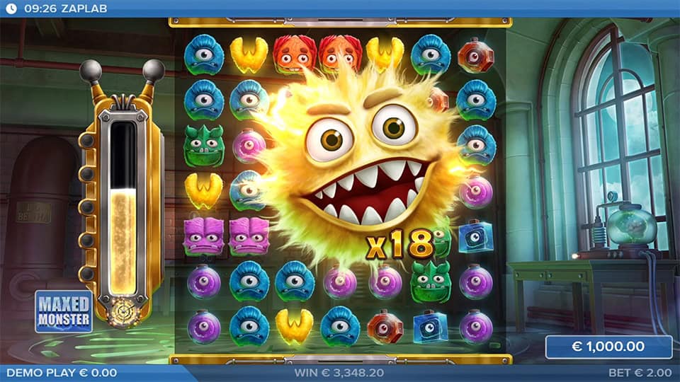 ZapLab slot showing Zappy with x18 multiplier during Maxed Monster feature