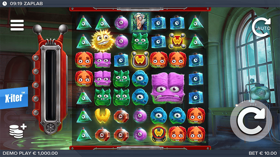 ZapLab slot base game with grid of colorful monster symbols and monster meter on the left