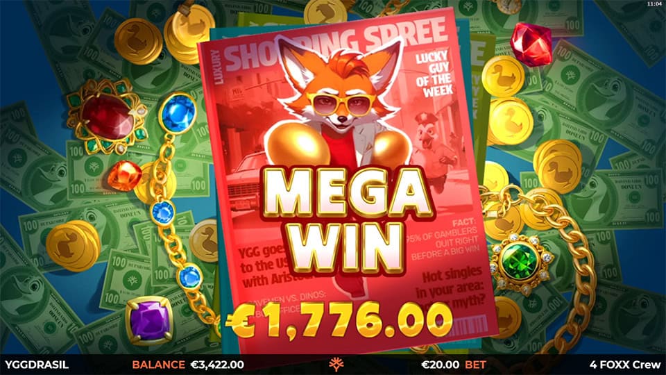 Mega Win with Mr. Red featured on a magazine cover and golden coins raining over flashy jewelry.