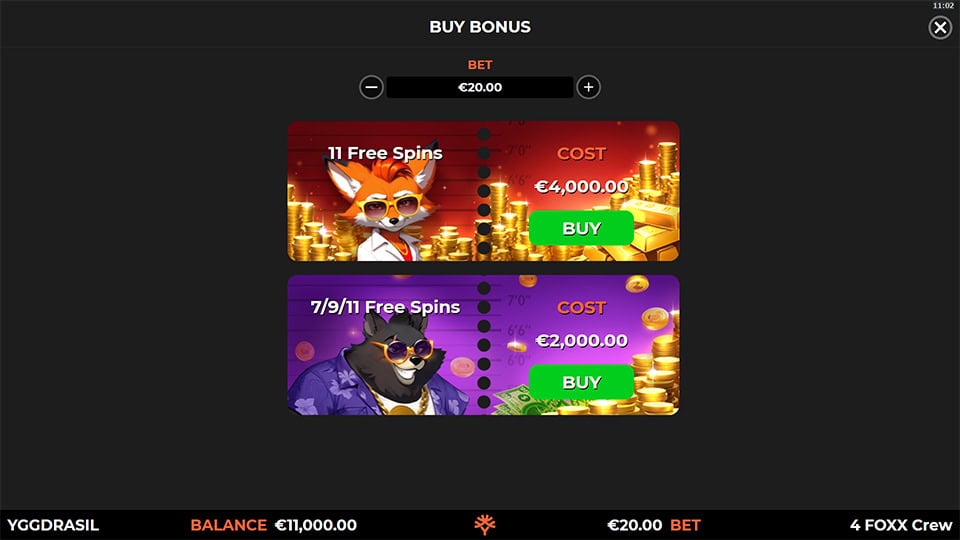 Bonus buy menu showing 11 free spins with Mr. Red and multiple free spin choices with Mr. Purple.