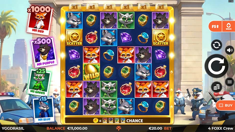 Main game screen with colorful fox gang symbols, scatter icons and bonus chance meter in an urban heist theme.