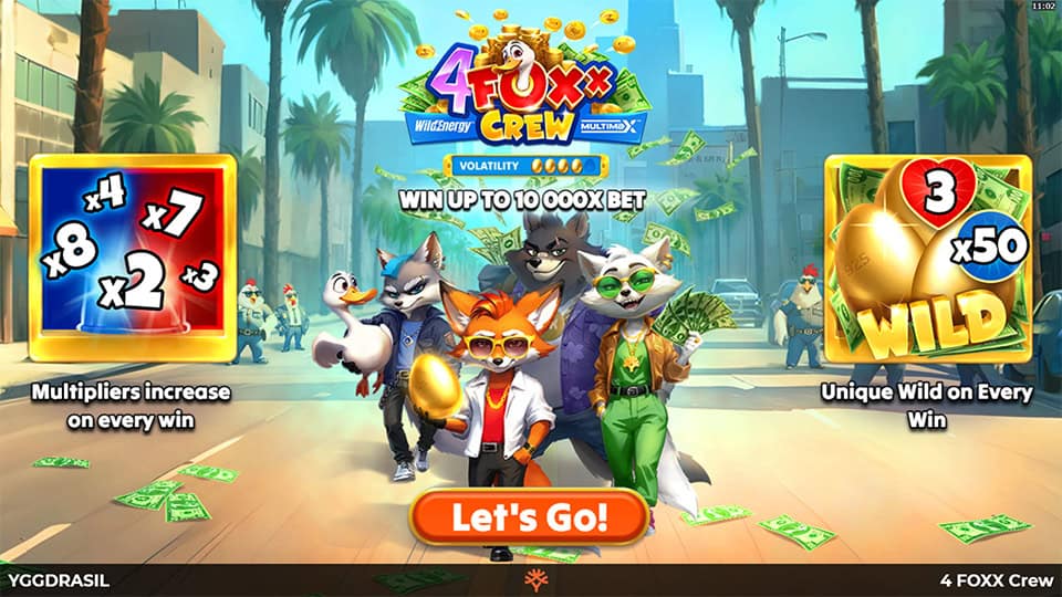 Intro screen showing all four fox characters in a sunny city street, with multiplier and wild mechanics explained.
