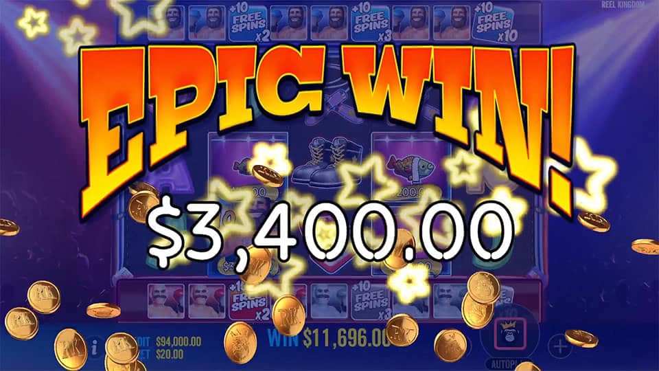 Epic Win screen displaying $3,400.00 with glowing stars and flying coins across a winning slot background.