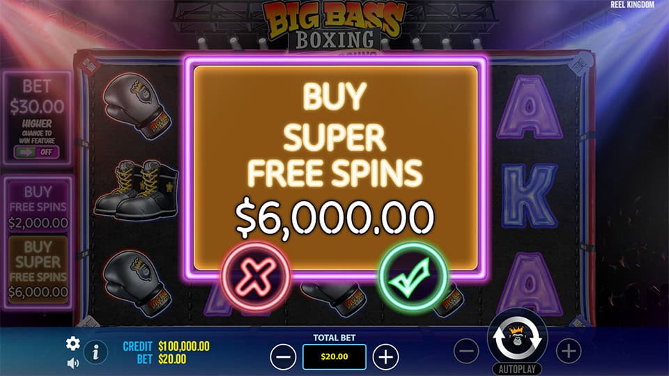 Bonus buy screen offering Super Free Spins for x300 the bet with neon-lit confirmation interface.