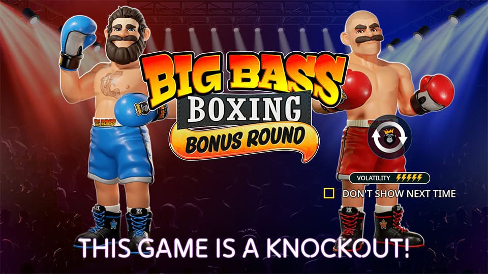 Intro screen with boxing characters and a tagline "This game is a knockout!" highlighting the slot’s high volatility.