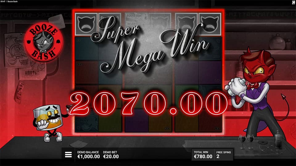 Super Mega Win display showing 2070.00 win with red devil and glowing neon numbers.