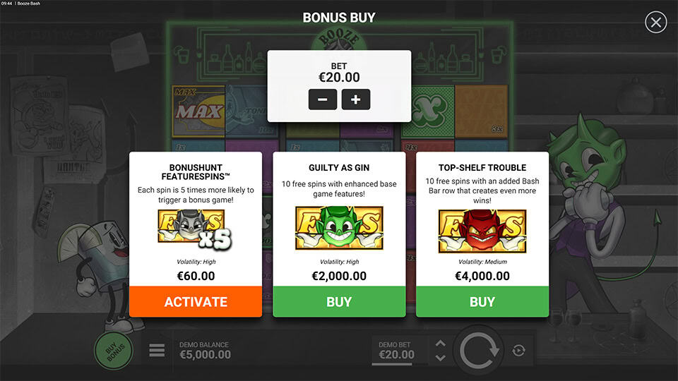 Bonus buy menu featuring Bonushunt, Guilty as Gin and Top-Shelf Trouble with different volatility levels.