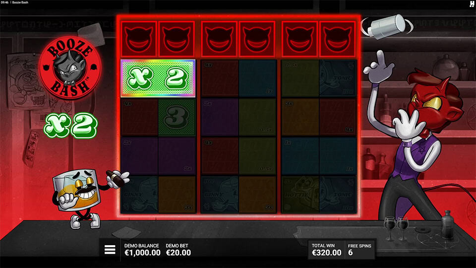 x2 green multipliers matched between reels during bonus round with devil animation.