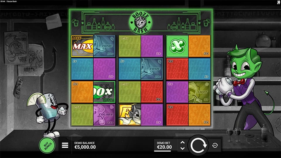 Base game screen featuring colorful symbol blocks, 1000x multiplier and animated drink characters.