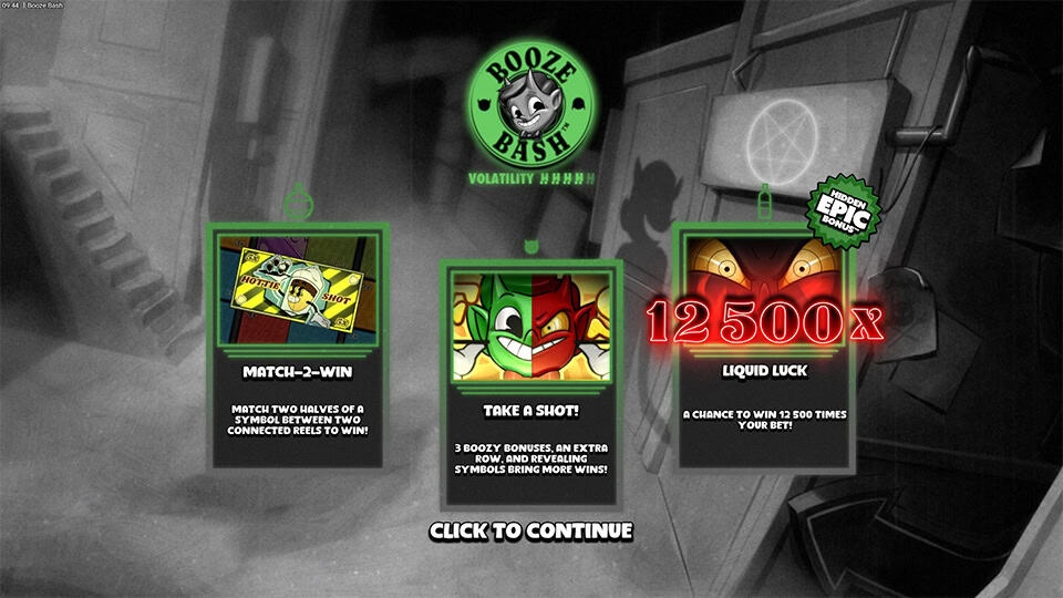 Intro screen explaining Match-2-Win, Take a Shot feature and 12,500x Liquid Luck bonus.