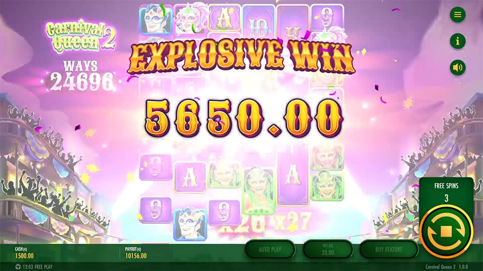 Explosive Win message with large 5650.00 payout over pink fireworks and confetti.