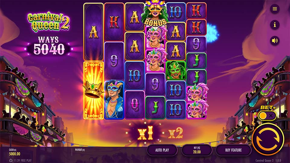 Slot grid with masks, queens and multipliers under glowing lights and animated crowd.