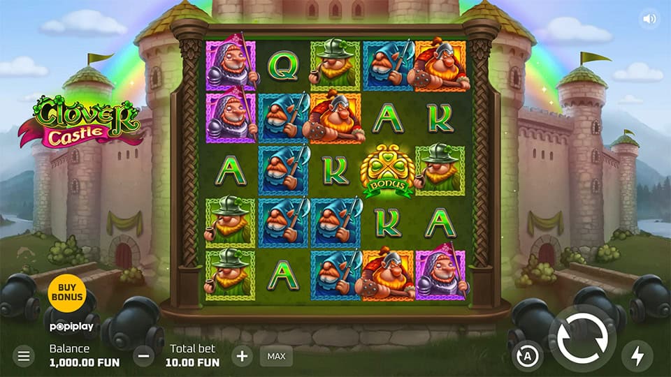 Clover Castle slot reels featuring colorful dwarf warriors, wilds and bonus symbols inside a fortress.