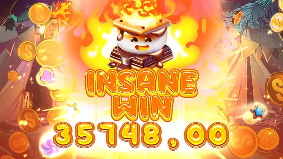 Cozy Candy ClusterBreaker slot showing an “INSANE WIN” of 35,748 with a smiling s’mores character and coins exploding across the screen.
