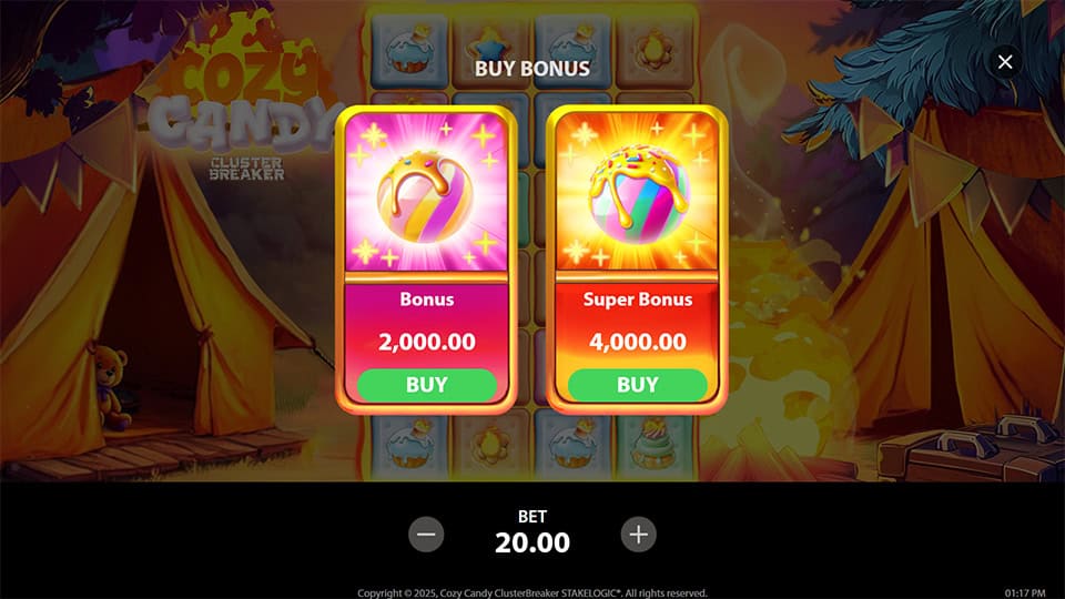 Bonus buy menu in Cozy Candy ClusterBreaker with two purchase choices: standard bonus for x100 and super bonus for x200 the bet.