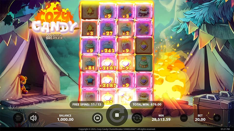 Gameplay screen showing several candy symbols with visible multipliers up to x2187 during the Cozy Candy ClusterBreaker bonus round.