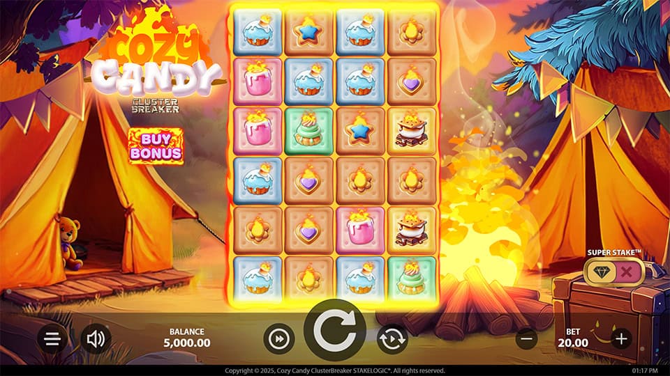Base game screen of Cozy Candy ClusterBreaker featuring sweet symbols on a 6x5 grid with the Buy Bonus and Super Stake options visible.