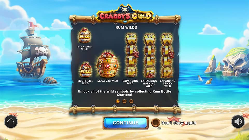 Crabby's Gold Slot feature screen showing standard wilds, multipliers, mega wilds, expanding, sticky and walking wilds