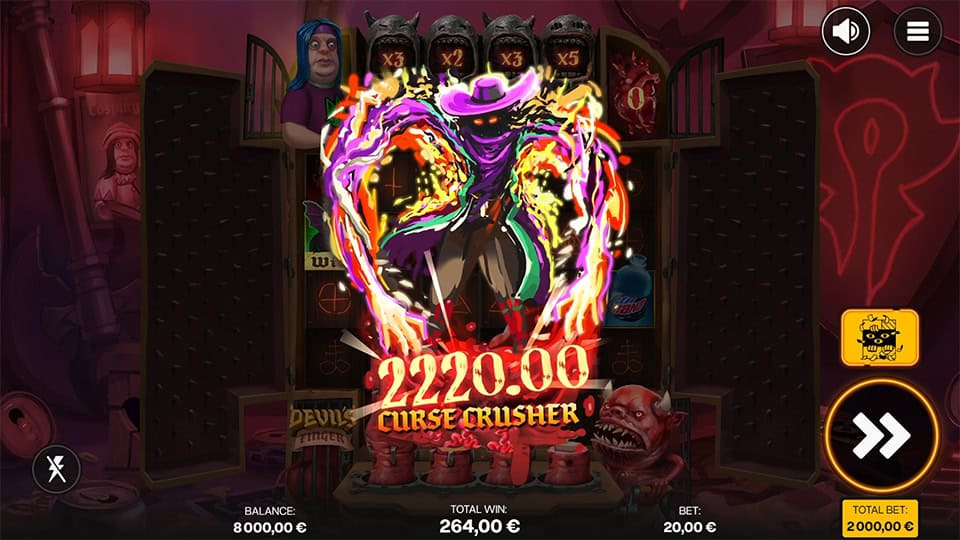 Devil's Finger slot displaying a Curse Crusher Win of 2,220 with animated effects.