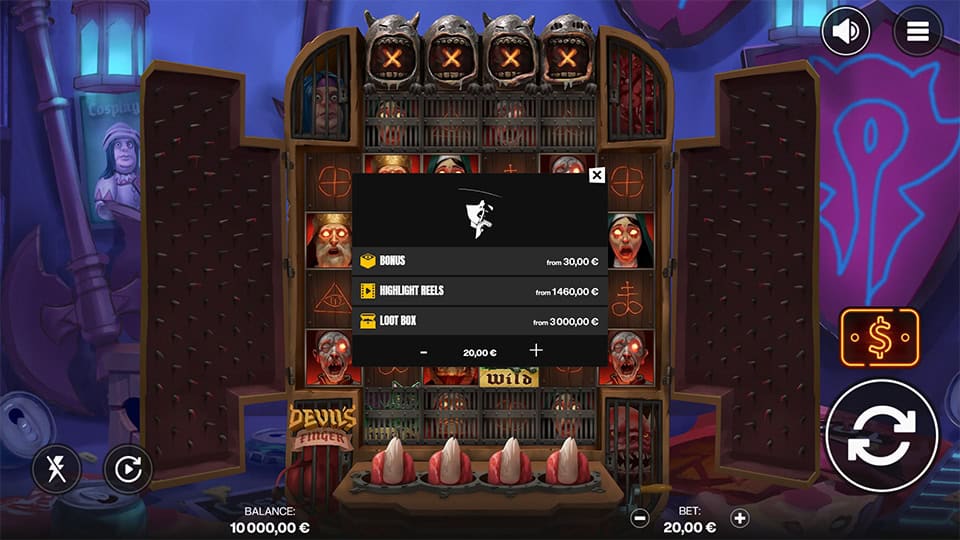 Devil's Finger slot Buy Feature menu displaying different bonus purchase options.