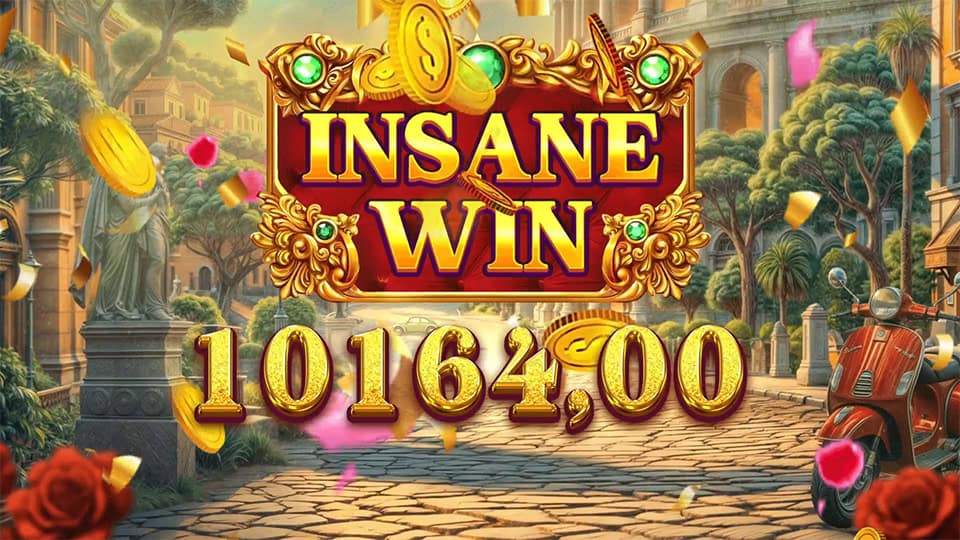 “Insane Win” splash with a 10,164.00 payout, golden coins flying across a vibrant Italian city street.