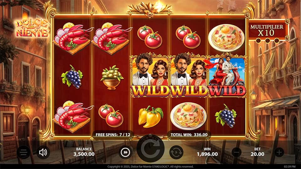 Slot reels packed with “WILD” symbols featuring suave characters during free spins, multiplier at x10 and a total win display.