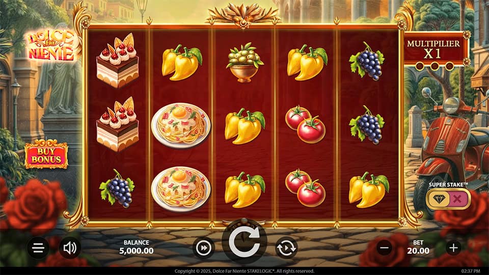 Game screen showing pasta, cake, fruits and vegetable symbols on elegant golden reels with a multiplier tracker and bonus buy button.