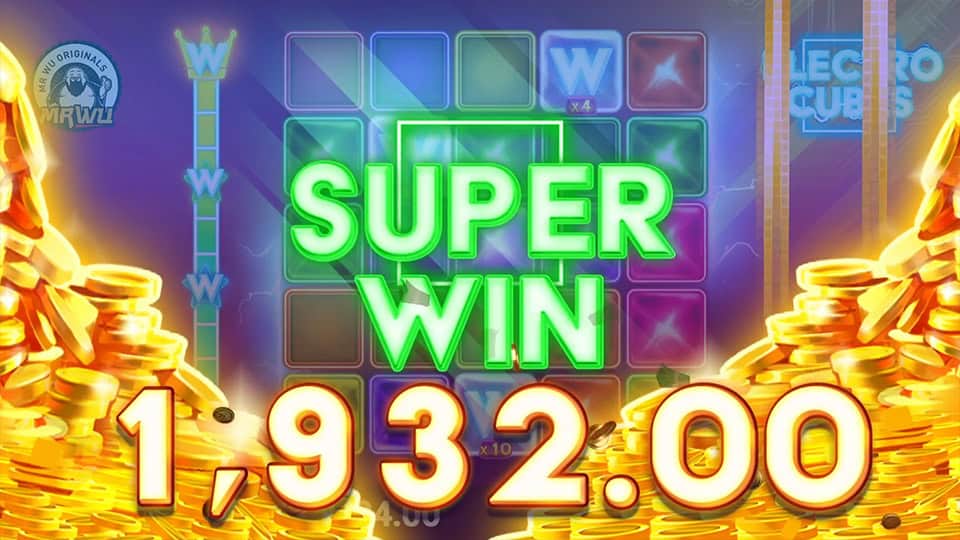 Electro Cubes super win screen showing 1,932.00 win amount with neon green text and golden coin explosion animation.