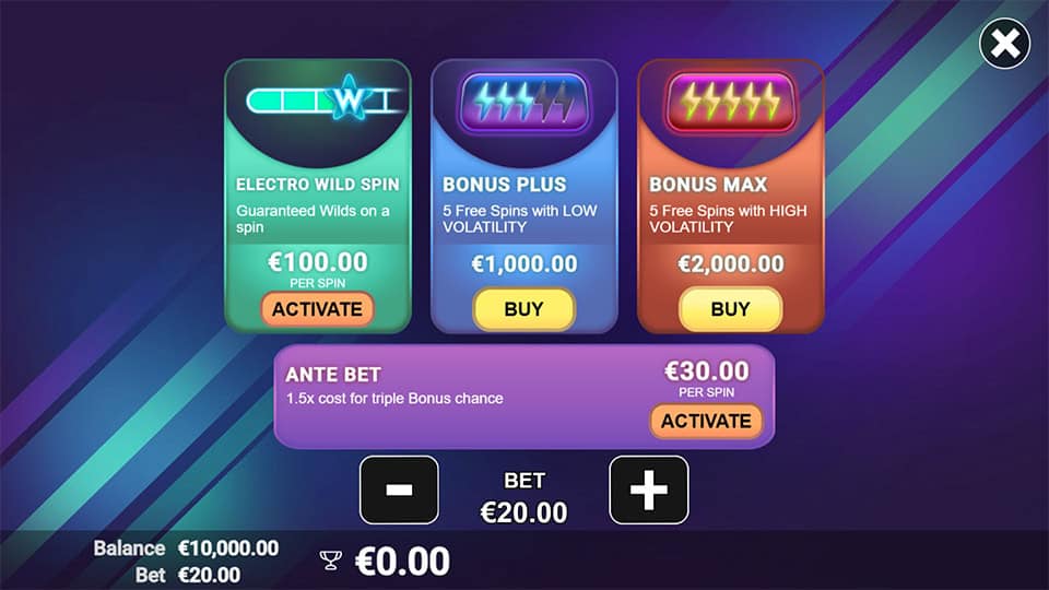Bonus buy menu in Electro Cubes featuring Electro Wild Spin, Bonus Plus and Bonus Max with different volatility levels.