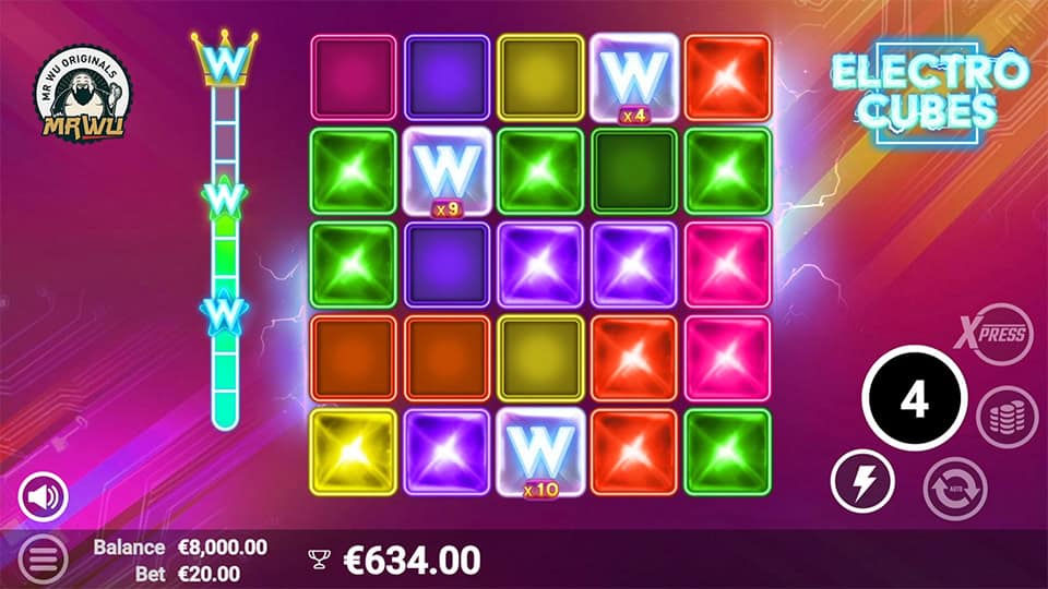 Gameplay screen showing Electro Cubes’ wild multipliers stacked on glowing cubes with x9 and x10 boost effects.