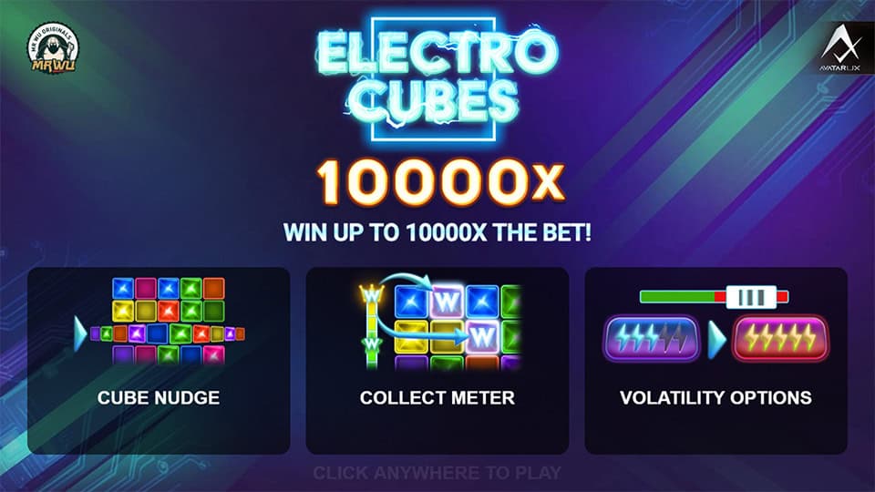 Electro Cubes homepage highlighting Cube Nudge, Collect Meter and Volatility options with win potential up to 10,000x bet.