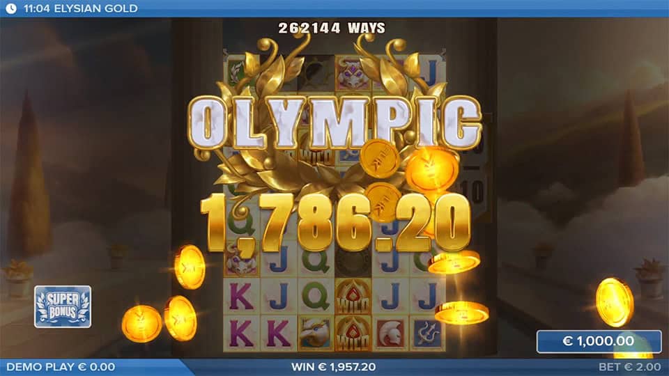 Olympic Win screen showing €1,786.20 payout with falling gold coins.