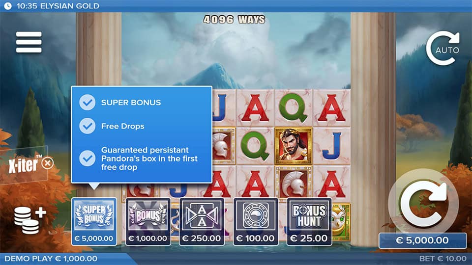 Bonus buy menu with Super Bonus, Bonus Hunt and other selectable options.