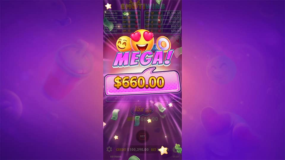 Emotiwins slot big win screen displaying "Mega Win" with a $660 prize.