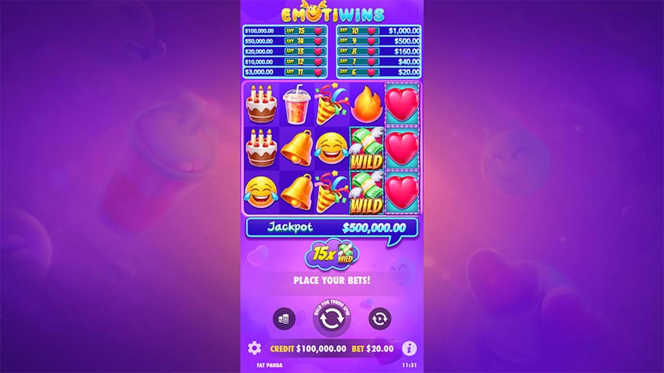 Emotiwins slot game screen showing reels with emojis, wild symbols and jackpot values.