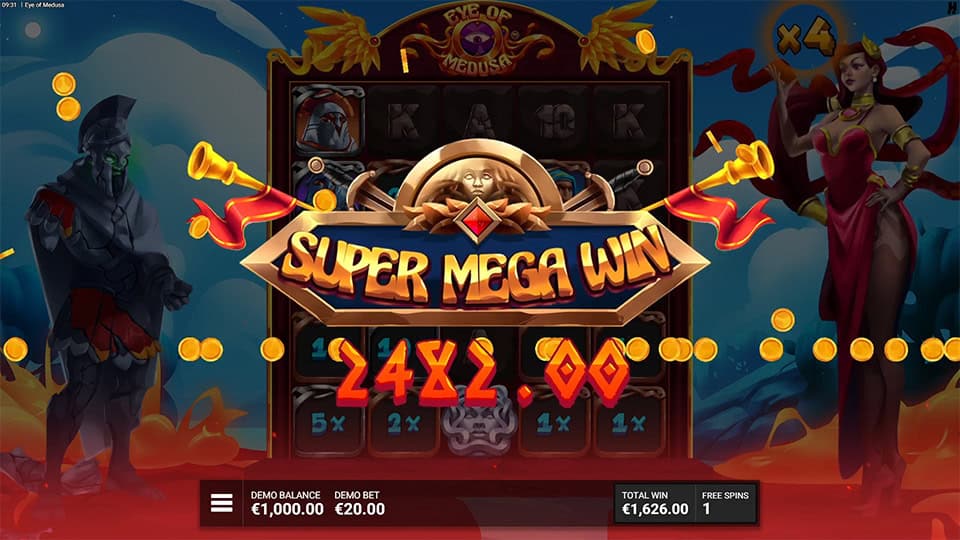€2,482.00 Super Mega Win message with golden coins flying and red background behind spinning reels.