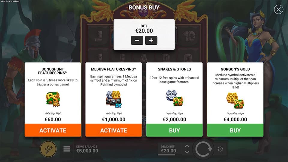 Bonus Buy menu showing four options like Bonushunt and Gorgon’s Gold
