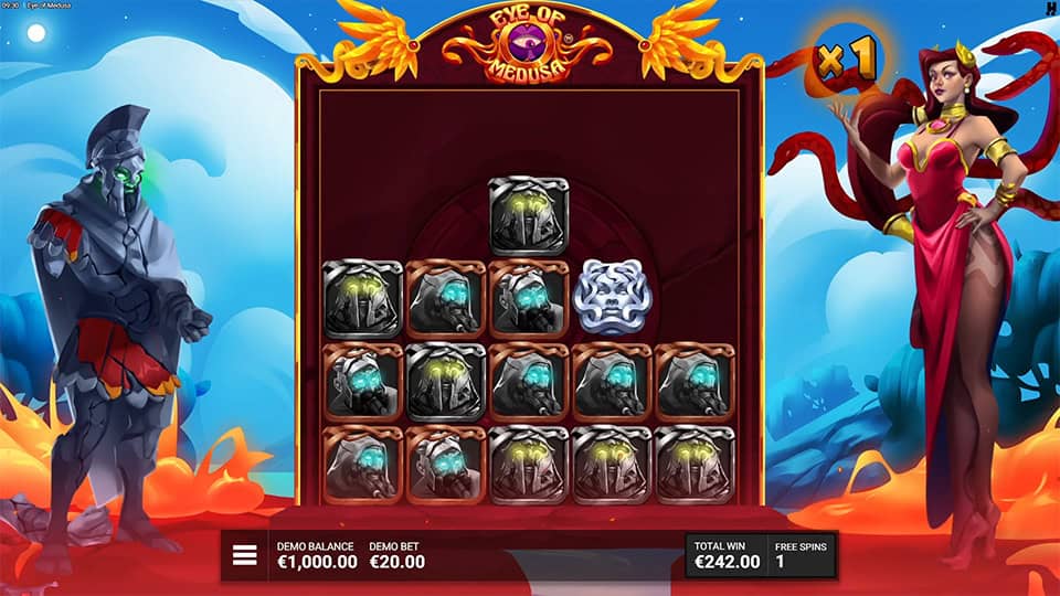 Medusa feature in action turning soldier symbols to stone with a 1x multiplier active, reels flanked by statues.