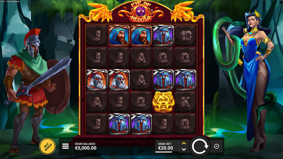 Game screen with Medusa and a warrior flanking a 5x5 reel grid filled with ancient symbols and a glowing golden icon.