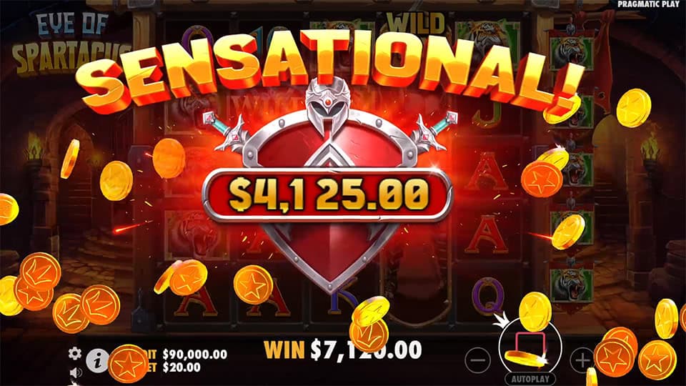 Sensational win screen displaying $4,125.00 win with golden coins flying around a gladiator shield.