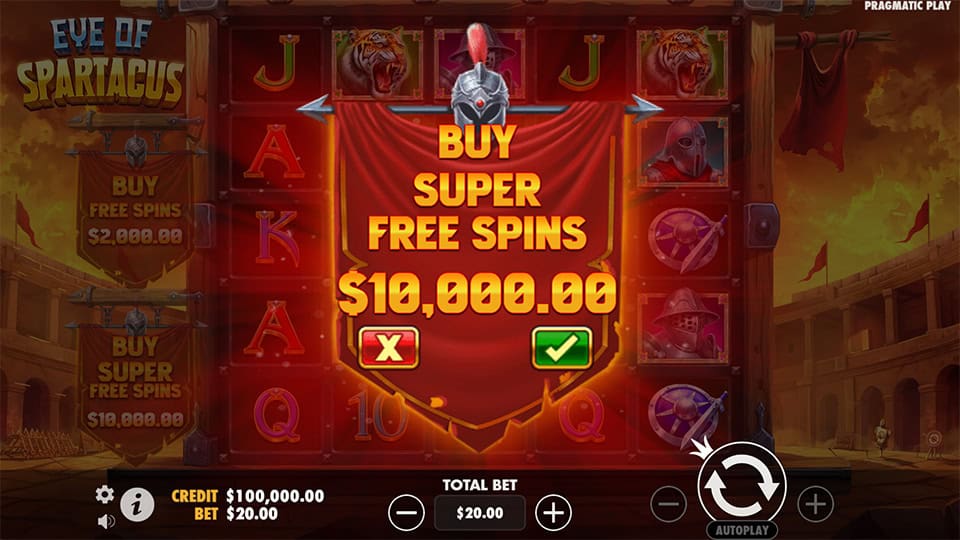 Bonus buy screen offering Super Free Spins for x500 with a red banner and gladiator guard.