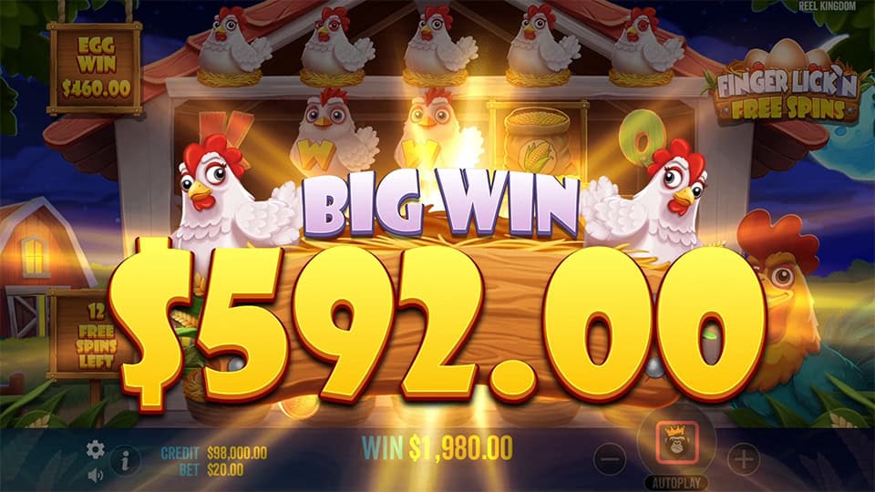 Big Win message showing $592.00 with hens on reels and golden glow, during free spins bonus round.