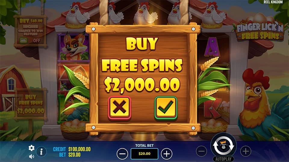 Pop-up window offering Free Spins with wooden frame and green confirm button.